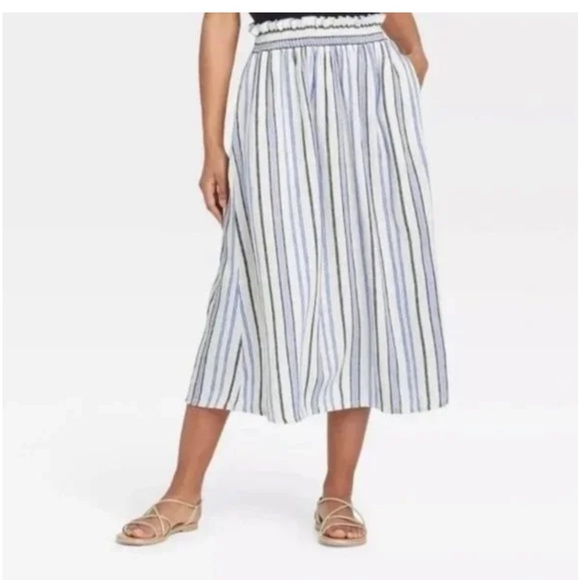 Linen and super soft Rayon blend striped blue black white midi skirt w/ pockets - Picture 8 of 9